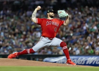 Los Angeles Angels pitcher Alek Manoah against the Chicago Cubs during a spring training game at Sloan Park.