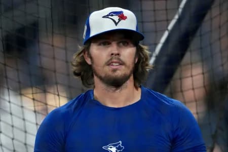 Toronto Blue Jays third baseman Addison Barger (47) looks on during batting practice before game two of the 2025 MLB World Series against the Los Angeles Dodgers at Rogers Centre.