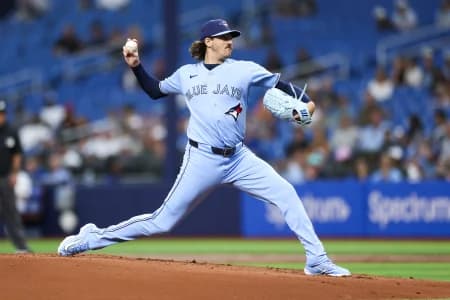 Toronto Blue Jays starting pitcher Kevin Gausman (34) throws a pitch against the Tampa Bay Rays in the first inning at Tropicana Field.