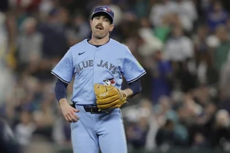 Toronto Blue Jays pitcher Shane Bieber (57) reacts after the fourth inning against the Seattle Mariners during game three of the ALCS round for the 2025 MLB playoffs at T-Mobile Park.