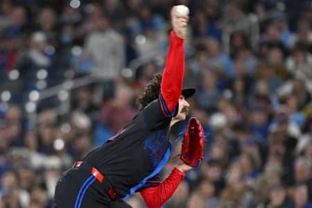 Toronto Blue Jays starting pitcher Dylan Cease (84) delivers a pitch against the Los Angeles Angels in the first inning at Rogers Centre.