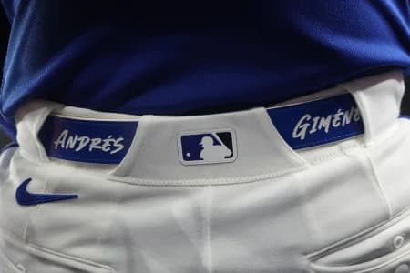 The belt worn by Toronto Blue Jays shortstop Andres Gimenez (0) during a game against the Tampa Bay Rays at Rogers Centre.