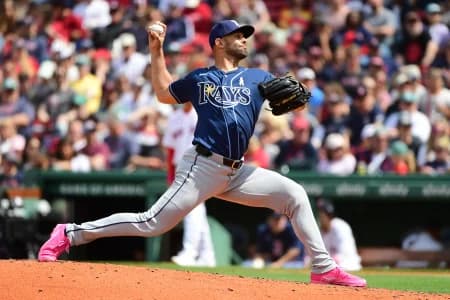Tampa Bay Rays pitcher Nick Martinez (28) pitches during the fifth inning against the Boston Red Sox at Fenway Park.