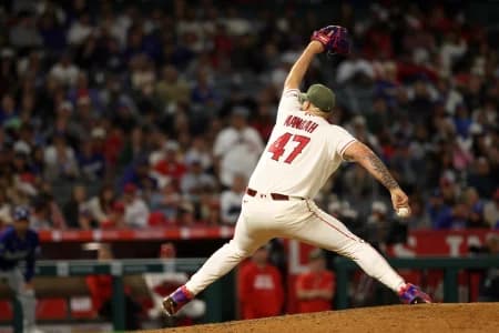 Los Angeles Angels pitcher Alek Manoah (47) pitches during the eighth inning against the Los Angeles Dodgers at Angel Stadium.