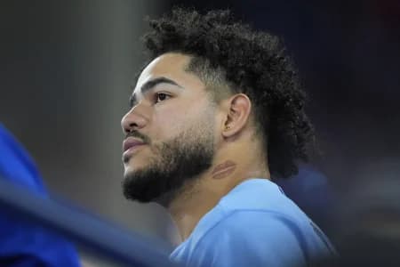 Toronto Blue Jays designated hitter Yohendrick Pinango (24) looks on from the dugout during the sixth inning against the Boston Red Sox at Rogers Centre.