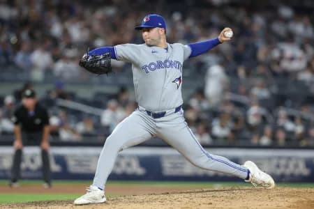 Toronto Blue Jays relief pitcher Mason Fluharty (68) pitches in the seventh inning against the New York Yankees at Yankee Stadium.