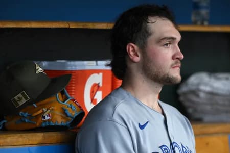 Toronto Blue Jays starting pitcher Trey Yesavage (39) watches the action from the dugout against the Detroit Tigers in the fifth inning at Comerica Park.