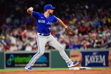 Toronto Blue Jays shortstop Paul DeJong (10) throws Boston Red Sox first baseman Triston Casas (36) out at first base during the fourth inning at Fenway Park.