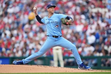 Toronto Blue Jays starting pitcher Bowden Francis (44) throws a pitch against the Philadelphia Phillies in the first inning at Citizens Bank Park.