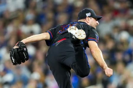 Toronto Blue Jays pitcher Max Scherzer (31) pitches to the Cleveland Guardians during the first inning at Rogers Centre.