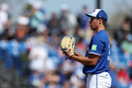 Toronto Blue Jays pitcher Jake Bloss (39) sets to throw a pitch against the Houston Astros in the seventh inning during spring training at TD Ballpark.