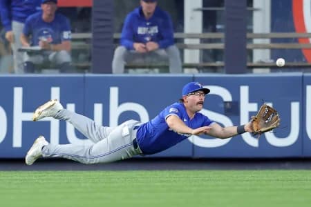 Toronto Blue Jays left fielder Davis Schneider (36) dives but cannot catch a double by New York Yankees shortstop Anthony Volpe (not pictured) during the fourth inning at Yankee Stadium.