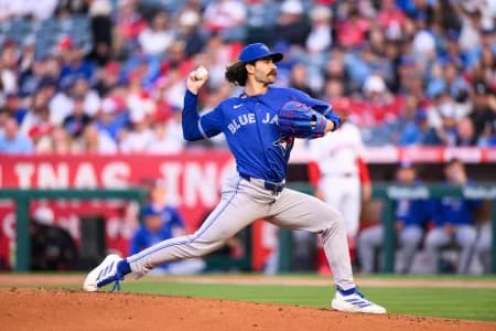 Toronto Blue Jays pitcher Dylan Cease (84) delivers during the first inning against the Los Angeles Angels at Angel Stadium.