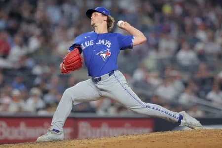 Toronto Blue Jays relief pitcher Adam Macko (64) pitches against the New York Yankees during the sixth inning at Yankee Stadium. Macko is making his MLB debut.