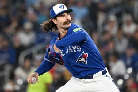 Toronto Blue Jays starting pitcher Dylan Cease (84) delivers a pitch against the Boston Red Sox in the first inning at Rogers Centre.