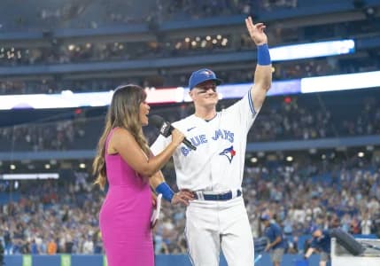 Toronto Blue Jays third baseman Matt Chapman (26) acknowledges the crowd during an interview with Hazel Mae of Sportsnet against the Detroit Tigers at Rogers Centre.