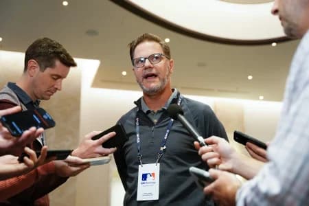 Toronto Blue Jays general manager Ross Atkins answers questions to the media during the MLB GM Meetings at The Conrad Las Vegas.