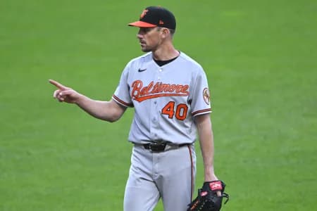 Baltimore Orioles starting pitcher Chris Bassitt (40) reacts in the third inning against the Cleveland Guardians at Progressive Field.