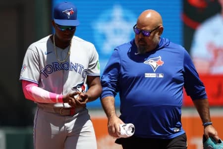 Toronto Blue Jays right fielder Jesus Sanchez (12) gets injured during the sixth inning against the Baltimore Orioles at Oriole Park at Camden Yards.