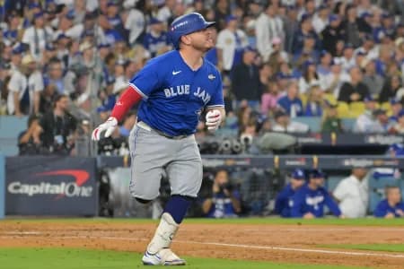 Toronto Blue Jays catcher Alejandro Kirk (30) runs after hitting a three run home run against the Los Angeles Dodgers in the fourth inning during game three of the 2025 MLB World Series at Dodger Stadium.