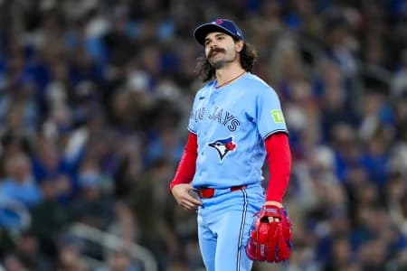 Toronto Blue Jays pitcher Dylan Cease (84) looks on against the Tampa Bay Rays during the sixth inning at Rogers Centre.