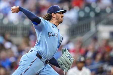 Toronto Blue Jays pitcher Kevin Gausman (34) pitches against the Atlanta Braves during the first inning at Truist Park.