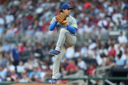 Toronto Blue Jays pitcher Chad Dallas (37) throws a pitch against the Atlanta Braves during the second inning at Truist Park