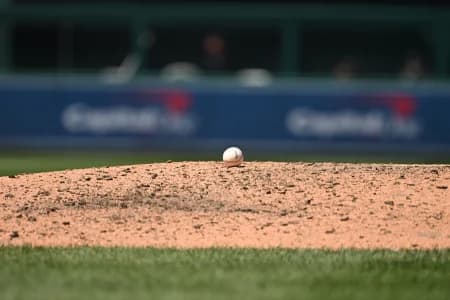A baseball rests on the pitchers mound during the sixth inning of a game between the Washington Nationals and the Miami Marlins at Nationals Park.