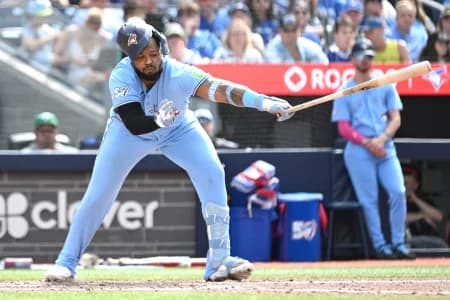 Toronto Blue Jays first baseman Vladimir Guerrero Jr. (27) strikes out swinging against the Baltimore Orioles in the fourth inning at Rogers Centre.