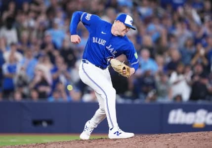 Toronto Blue Jays relief pitcher Tanner Andrews (43) celebrates the win against the Miami Marlins at the end of the ninth inning at the Rogers Centre.