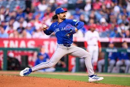 Toronto Blue Jays pitcher Dylan Cease (84) delivers during the first inning against the Los Angeles Angels at Angel Stadium.