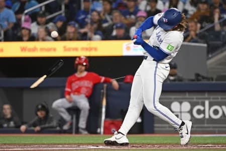 Toronto Blue Jays right field Addison Barger (47) breaks a bat while batting against the Los Angeles Angels at Rogers Centre.