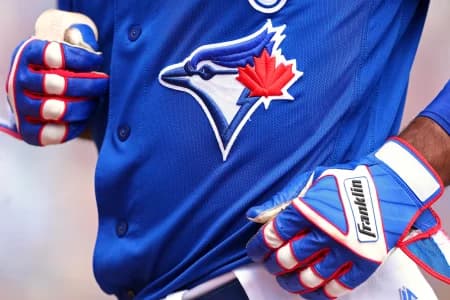 A view of the Blue Jays logo on an official Majestic game jersey during a game between the Pittsburgh Pirates and the Toronto Blue Jays at Florida Auto Exchange Stadium