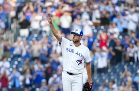 Toronto Blue Jays pitcher Max Scherzer (31) celebrates his career 3500th strike out against the Philadelphia Phillies during the first inning at Rogers Centre.