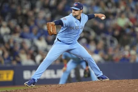 Toronto Blue Jays pitcher Brendon Little (54) pitches to the Colorado Rockies during the tenth inning at Rogers Centre.