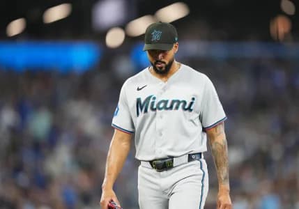 Miami Marlins starting pitcher Sandy Alcantara (22) walks towards the dugout against the Toronto Blue Jays during the sixth inning at the Rogers Centre.