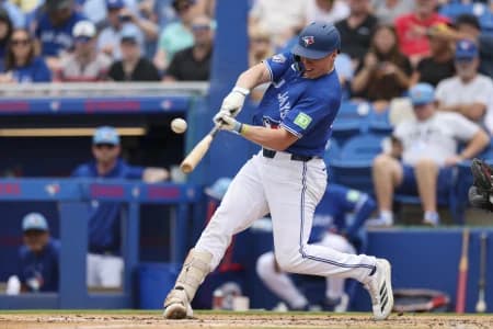 Toronto Blue Jays first baseman Sean Keys (89) singles against the Minnesota Twins in the second inning during spring training at TD Ballpark.