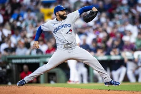 Toronto Blue Jays pitcher Simeon Woods Richardson (10) throws in the third inning against the Boston Red Sox at Fenway Park.