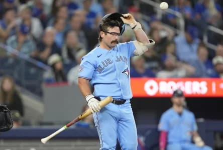 Toronto Blue Jays left fielder Davis Schneider (36) adjusts his helemt after taking a strike against the Houston Astros during the seventh inning at Rogers Centre