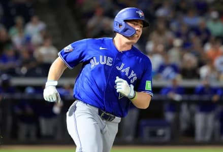 Toronto Blue Jays infielder Sean Keys (89) singles during the fifth inning against the New York Yankees at George M. Steinbrenner Field.