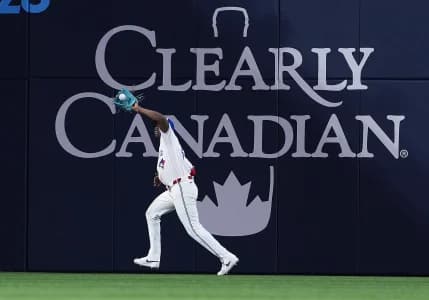 Toronto Blue Jays left fielder Jesus Sanchez (12) catches a fly ball for an out against the Houston Astros during the sixth inning at Rogers Centre