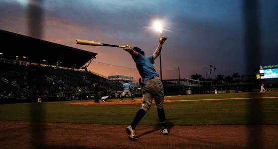 Matt Scannell, a player for the Dunedin Blue Jays warms up in the batters box during a games against the Fort Myers Might Mussels at Hammond Stadium on Saturday, Aug. 2, 2025. The Mussels won 3-2 in extra innings.