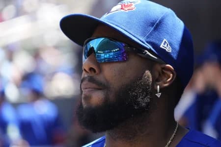 Toronto Blue Jays first baseman Vladimir Guerrero Jr. (27) looks towards the field before the start of the game against the Texas Rangers at Rogers Centre.