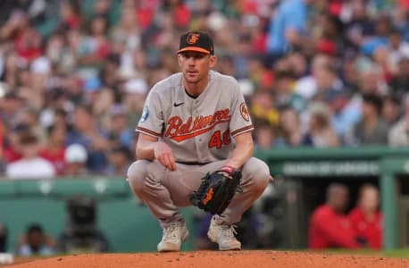 Baltimore Orioles pitcher Chris Bassitt (40) on the mound with the bases loaded against the Boston Red Sox in the third inning at Fenway Park.