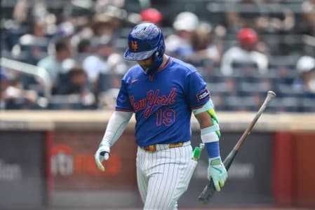 New York Mets shortstop Bo Bichette (19) reacts after striking out against the Philadelphia Phillies during the fifth inning at Citi Field.