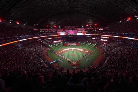 A general view inside the stadium during the national anthems prior to game one of the 2025 MLB World Series between the Los Angeles Dodgers and the Toronto Blue Jays at Rogers Centre.