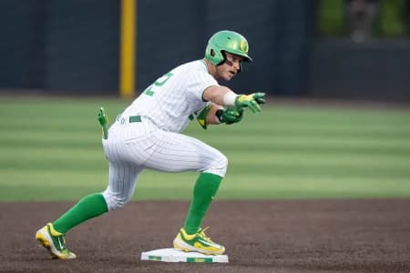 Oregon infielder Ryan Cooney celebrates a double as the Oregon Ducks host the USC Trojans on May 14, 2026, in Eugene, Oregon.