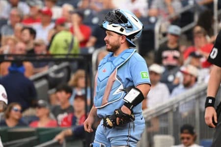 Toronto Blue Jays catcher Alejandro Kirk (30) prepares behind home plate against the Washington Nationals during the second inning at Nationals Park.