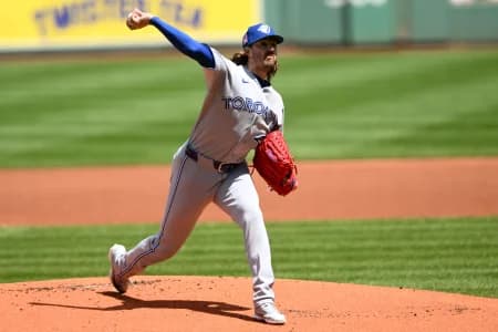 Toronto Blue Jays pitcher Kevin Gausman (34) pitches against the Boston Red Sox during the first inning at Fenway Park.