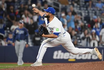Toronto Blue Jays relief pitcher Yimi Garcia (93) delivers a pitch against the Tampa Bay Rays in the ninth inning at Rogers Centre
